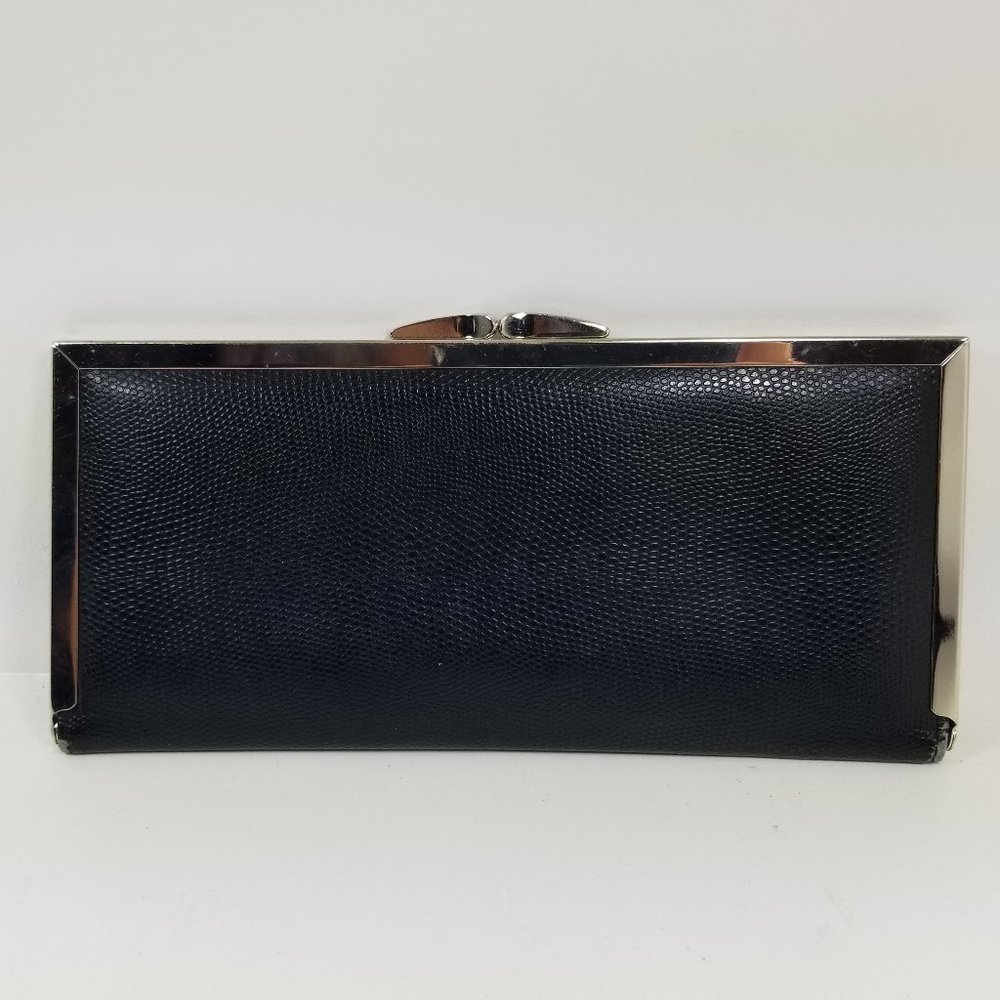 Black and silver snap clutch with pocket and card holders